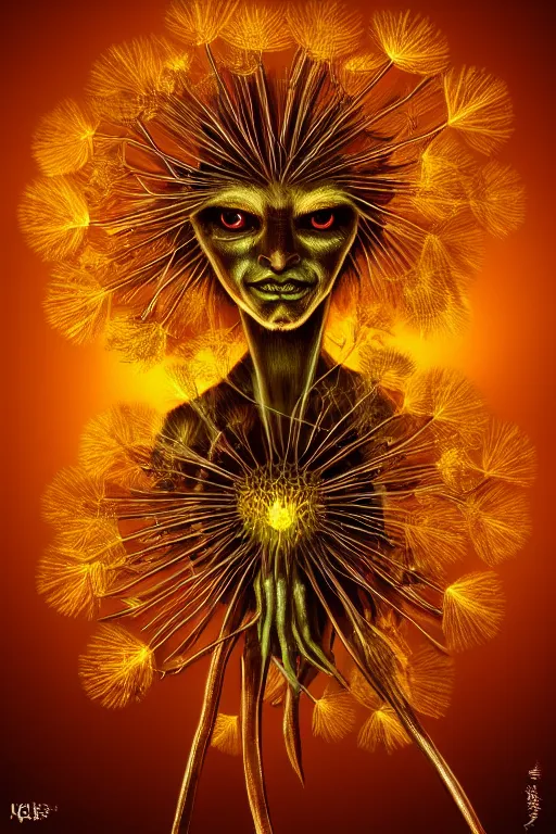 Prompt: glowing dandelion humanoid figure monster, symmetrical, highly detailed, digital art, sharp focus, trending on art station, amber eyes, autumnal colours