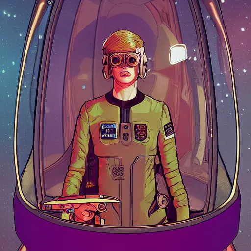 Prompt: science fiction, awkward brilliant female blond teenage tomboy girl with short hair, in a starship reactor room, flight suit, wearing victorian brass goggles, alien 1 9 7 9, used future, artstation, victo ngai, ilya kuvshinov, michael whelan, ron cobb, digital illustration