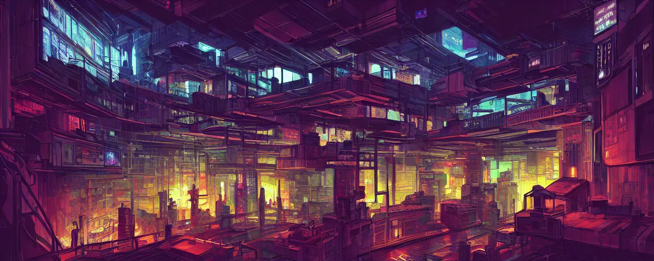 Prompt: A cyberpunk jail, by Naomi Okubo, landscape, dramatic lighting, high contrast colors, panoramic view, as trending on Artstation, highly detailed,