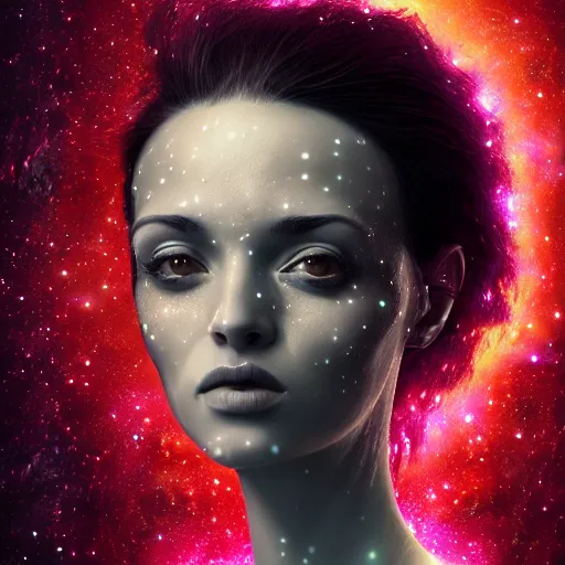 Image similar to woman portrait made out of galaxies, beautiful, cyborg, tim burton comic book art, realistic, highly detailed, octane render