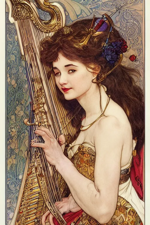 Prompt: a jester playing the harp, detailed full body portrait by james gurney and artgerm and Mucha, amazing detail, intricate, stunning inking lines, 4K, character design, concept art