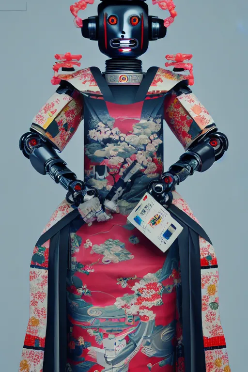 Image similar to full body portrait of a Japanese robot geisha with kanji tattoos and decals wearing a digital pixelated kimono, intricate design, photorealistic, octane render, raytraced, ultra fine detailed, character design, trending on artstation