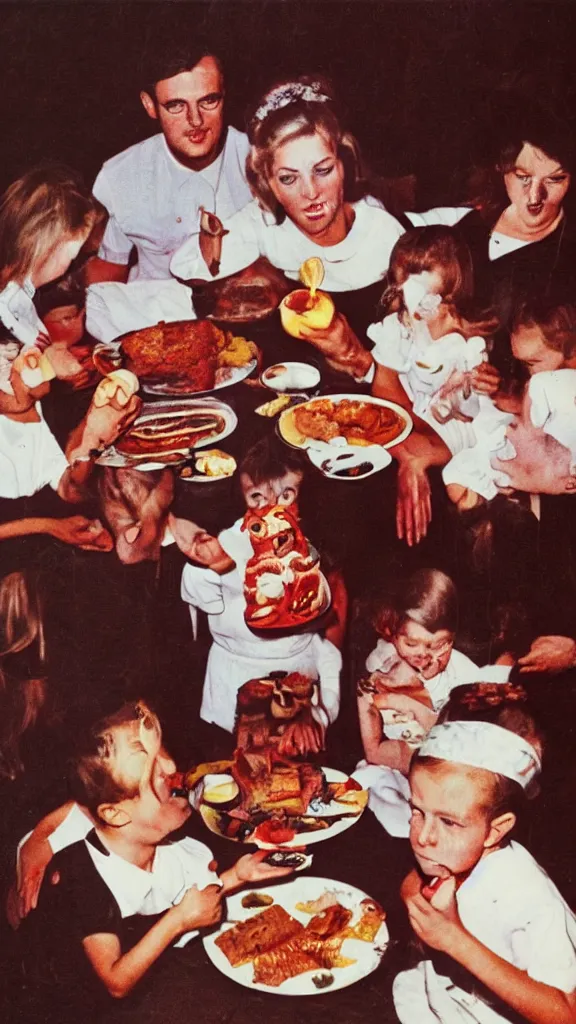 Image similar to occult satanic food ritual, family photo, 1 9 6 0 s, kodachrome