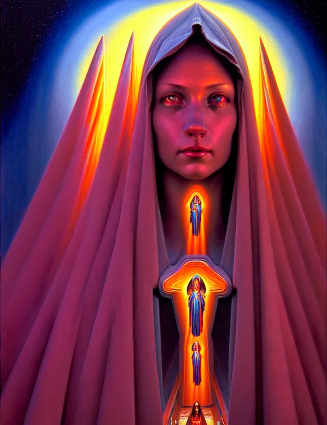 Prompt: robot award winning cathorlic virgin mary close - up portrait symmetry desaturated tetrachromacy colors astral background tim hildebrandt wayne barlowe bruce pennington donato giancola larry elmore masterpiece trending on artstation cinematic composition beautiful lighting hyper detailed!!! 8 k oil on canvas