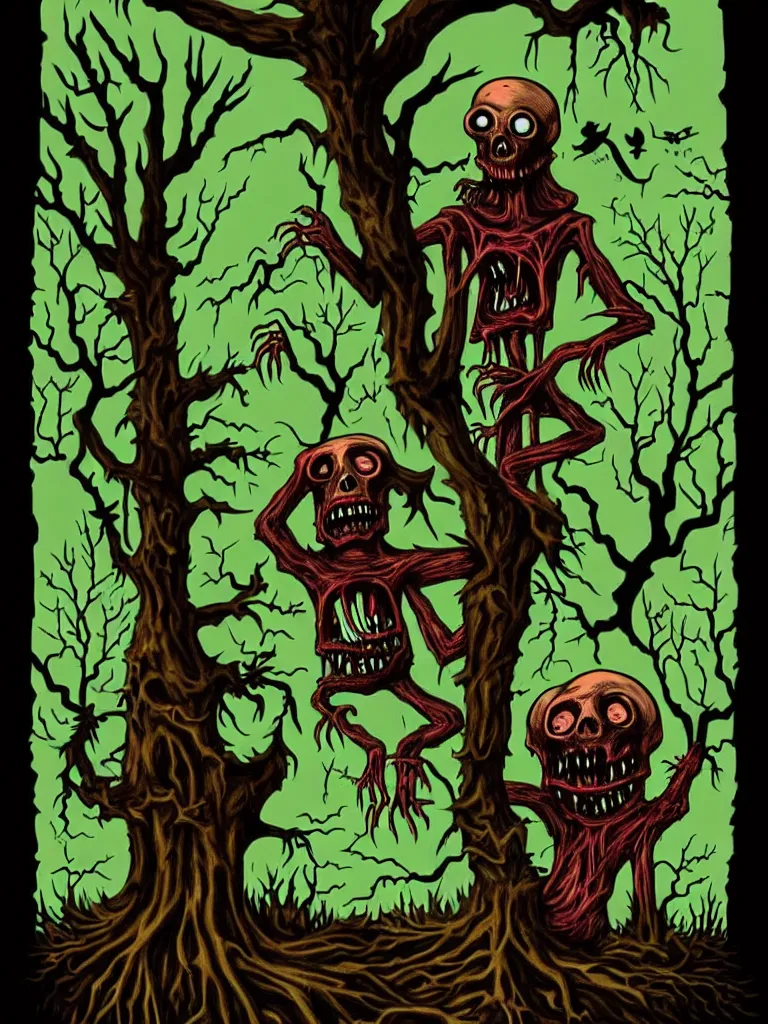 Image similar to full color vintage horror illustration of a freaky ghoul under dead trees with toilet paper streaming down, spooky lighting, pinterest