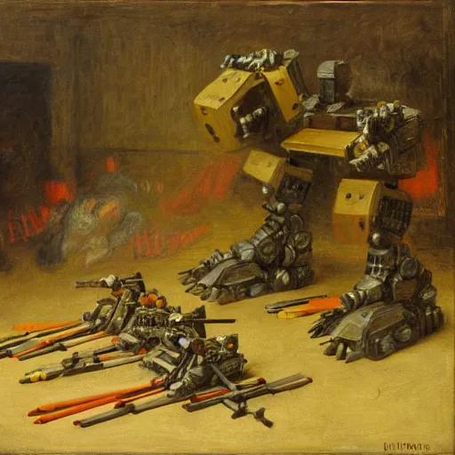 Image similar to Still life of a battle robot surrounded by his weapons, inspired by Henri Fantin-Latour