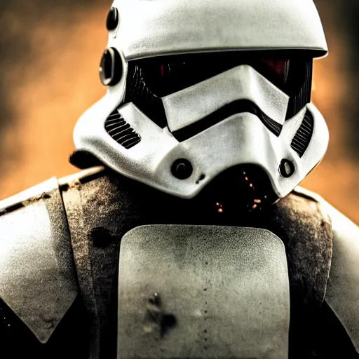 Image similar to close - up cyberpunk stormtrooper, battle scars, moody lighting, 8 k, shallow depth of field, cinematic lighting,