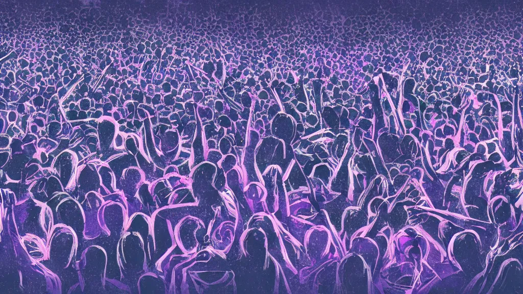 Image similar to detailed illustration of a concert crowd seen from the front composed of a heterogeneous group of people dancing, dark blue and intense purple color palette, 4 k in the style of kojima ayami, amano yoshitaka