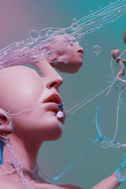 Image similar to an epic non - binary model, subject made of white mesh rope, with cerulean oozing bubbles bursting out, delicate, beautiful, intricate, with pastel pink highlights, melting, houdini sidefx, by jeremy mann and ilya kuvshinov, jamie hewlett and ayami kojima, trending on artstation, bold 3 d