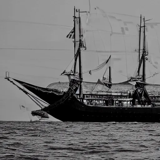 Image similar to Black and White photo of steampunk airship flying across the Atlantic Ocean