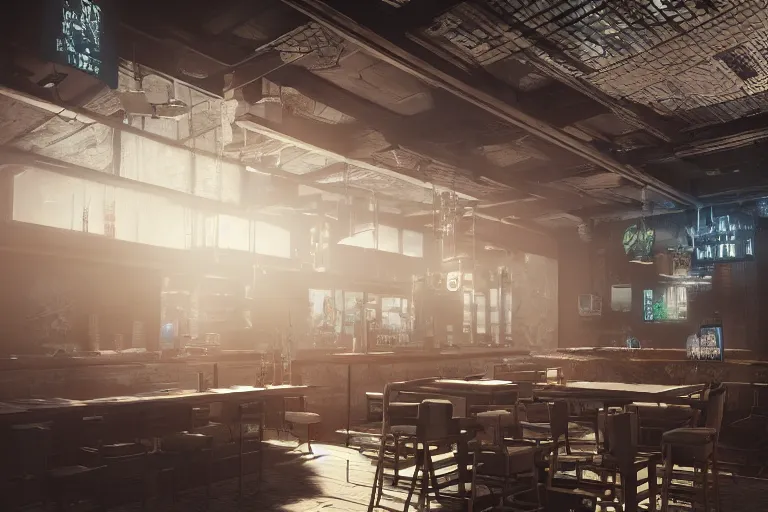 Image similar to ultra mega super hyper realistic Digital concept interior design of cyberpunk tavern. Natural white sunlight from the transperient roof. Rendered in VRAY and DaVinci Resolve and MAXWELL and LUMION 3D, Volumetric natural light