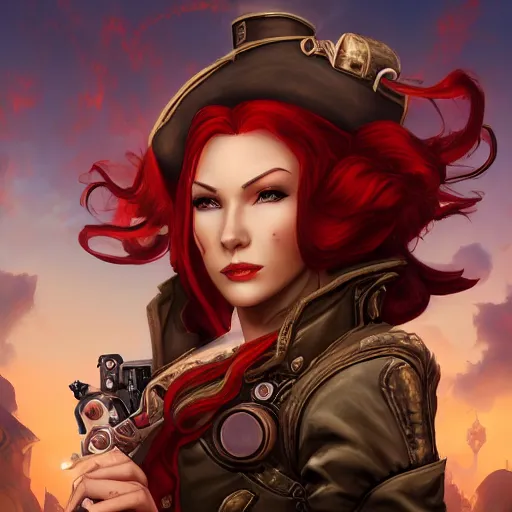 Image similar to Portrait of a female steampunk detective with long flowing red hair in World of Warcraft, cover art, ultra wide lens shot, pretty, beautiful, DnD character art portrait, matte fantasy painting, DeviantArt Artstation, by Jason Felix by Steve Argyle by Tyler Jacobson by Peter Mohrbacher, cinematic lighting, unreal engine, octane render, realistic lighting