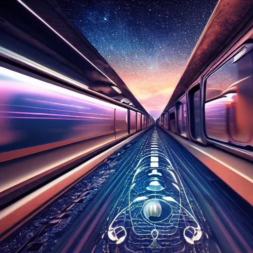 Image similar to inter dimensional sci - fi train far future, travelling across the stars, cosmos, galaxy, 8 k,