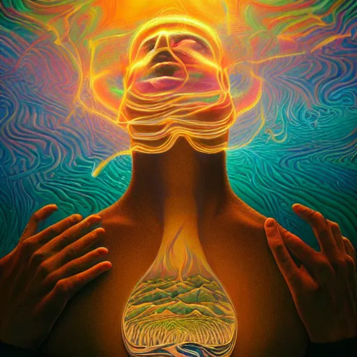 Image similar to i don't have an idea for a prompt, do you? masterpiece. accidentally tripping on dmt and acid, psychedelic experience, overwhelming psychosis of self realization and burning awakening, ultra high definition, unreal engine 5, hyperrealism, masterpiece composition, by casey weldon, barclay shaw 8 k photorealistic