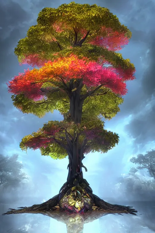 Image similar to The tree of the knowledge of good and evil, photorealistic, fantasy, unreal engine, colorful, cinematic