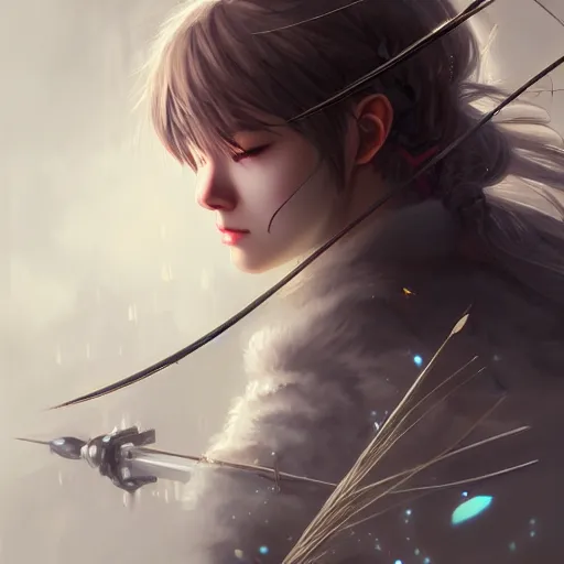 Image similar to beautiful extremely detailed intricate concept art depicting an archer by wlop. semi - realism. anime face. shining jewelry. grey atmosphere. particles in the background. bcy. net