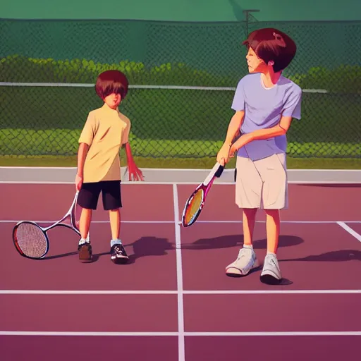 Prompt: two kids playing tennis median photoshop filter cutout vector behance hd by jesper ejsing, by rhads, makoto shinkai and lois van baarle, ilya kuvshinov, rossdraws, illustration, art by ilya kuvshinov and gustav klimt