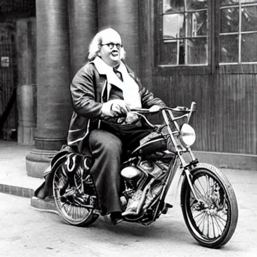 Prompt: benjamin franklin as a biker on a harley davidson