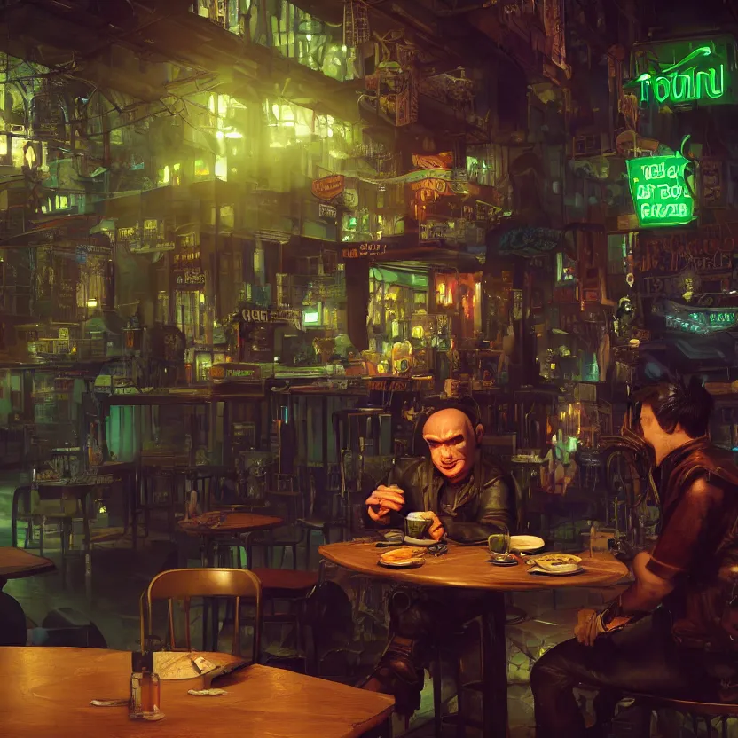 Image similar to a bored male goblin punk sitting at a table in a cafe in a cyberpunk city, sharp focus, highly detailed face, 8k, unreal engine 5, cinematic lighting, vivid elegant fantasy concept art, character art, stern neon atmosphere, artstation, deep complimentary colors, volumetric lighting, photorealistic, hyperdetailed 3D matte painting, hyperrealism, hyperrealistic masterpiece