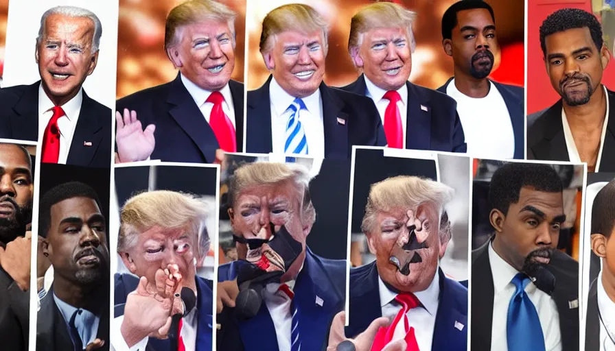 Image similar to hyperrealistic photograph of joe biden, donald trump, will smith, chris rock, kanye west, and pete davidson pledging allegiance, photorealism,