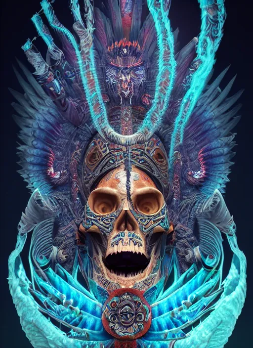 Image similar to 3 d shaman with tattoos profile portrait, sigma 5 0 0 mm f / 5. beautiful intricate highly detailed quetzalcoatl skull and feathers. bioluminescent, plasma, lava, ice, water, wind, creature, thunderstorm! artwork by tooth wu and wlop and beeple and greg rutkowski, 8 k trending on artstation,