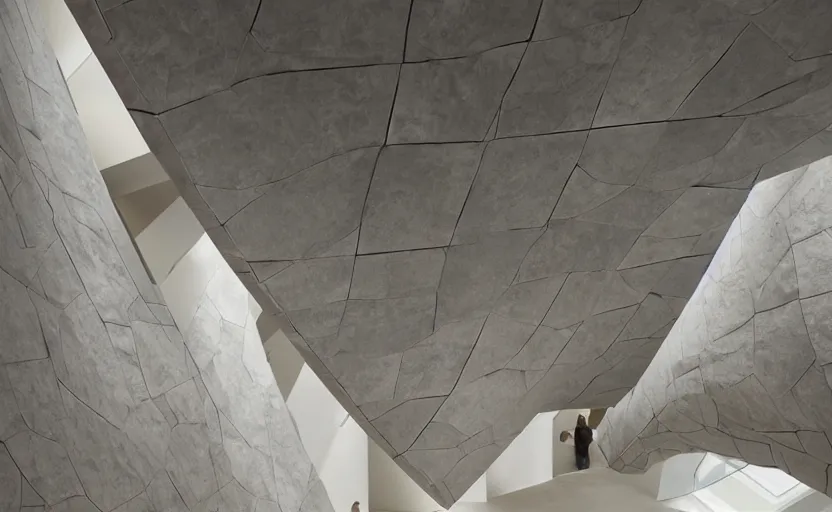 Image similar to a gallery with no walls just staircases guggenheim skylight realistic photo plaster slate