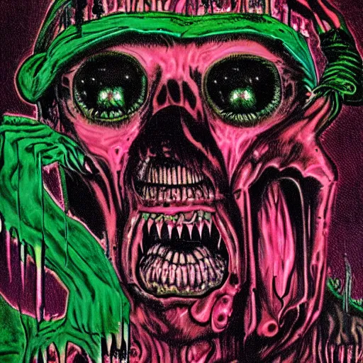 Prompt: garbled monstrosity, 1983 punk art, painted cover abject horror, dark pink and green, detailed, intricate, bizarre, bright, 80s sci fi weird artwork, dystopian