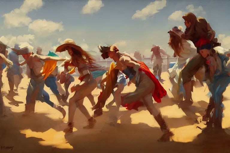 Image similar to greg manchess painting of people dressed in rags tripping over each other in an arena, profile picture, organic painting, sunny day, matte painting, bold shapes, hard edges, street art, trending on artstation, by huang guangjian, gil elvgren, ruan jia, randy vargas, greg rutkowski