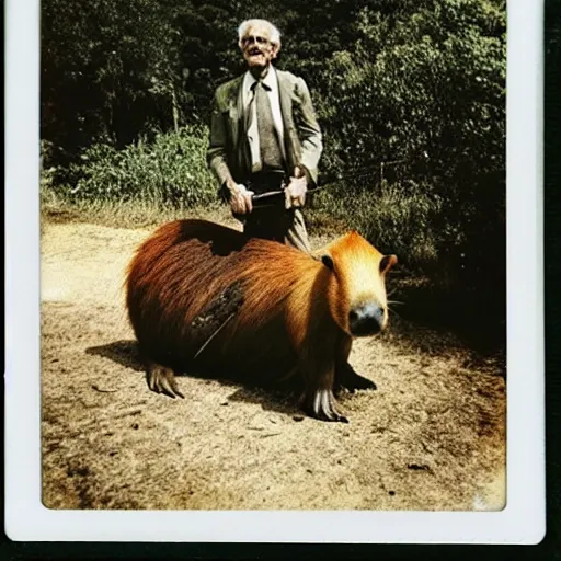 Prompt: old! polaroid photo of an old man! holding a rifle and standing on top of a giant capybara! sleeping