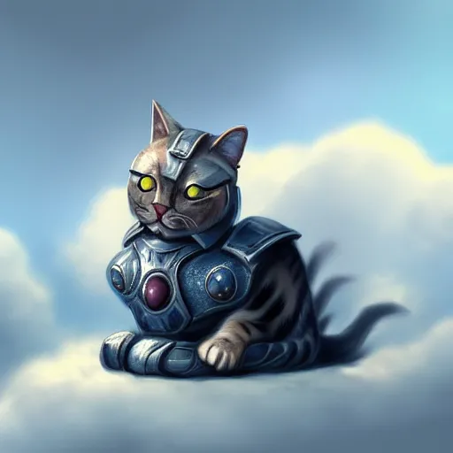 Prompt: cat in steel armor on a cloud, digital art, digital painting, artstation, devian art, 4 k, hd