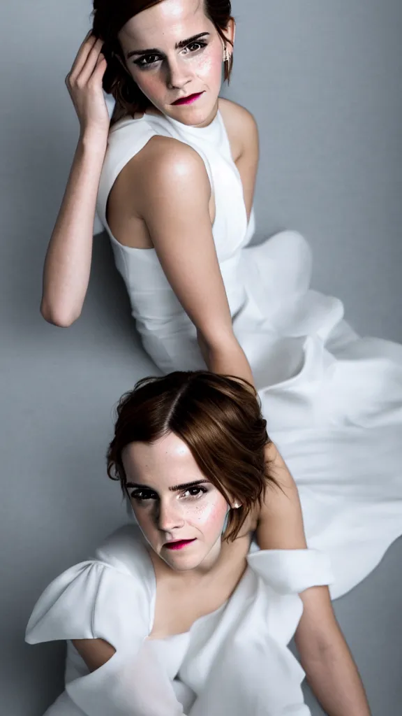 Image similar to detailed photo of emma watson cosplaying adam sandler wearing open toe high heels and wearing a white dress in a white room looking up, beautiful face, pale skin, rule of thirds, cinematic lighting, sharp focus, backlit, stunning, smooth, hard focus, full body shot, studio photo, shot on sony a 7 iii, hyper realistic, camera sony nicon