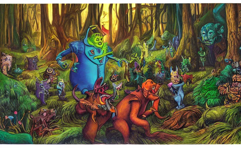 Image similar to a scene of colorful cartoon monsters in the clearing of a dark fantasy forest surrounded by darkness. hyperrealist illustration. muted colors. 1 9 7 0's pulp science fiction and fantasy cartoon for alice in wonderland and wizard of oz. richly colored painting by don ivan punchatz.