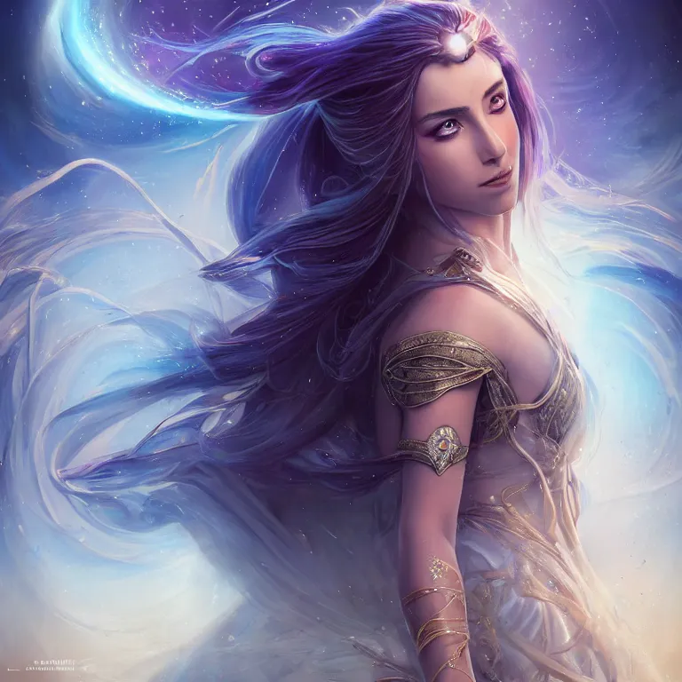 Image similar to beautiful cinematic fantasy poster, a beautiful middle-eastern princess wearing a beautiful dress with flowing illuminated hair, beautiful glowing galaxy eyes, wideshot ultrawide angle epic scale, hybrid from The Elden Ring and art direction by Darius Zawadzki ;by artgerm; wayne reynolds art station; cinematic quality character render; low angle; ultra high quality model; production quality cinema model;