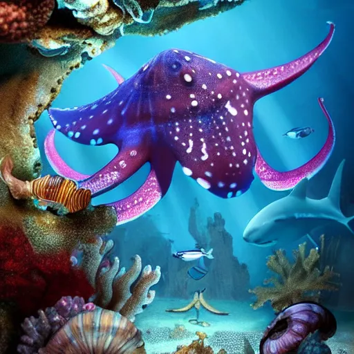 Image similar to an amazing underwater shot of a blue spotted octopus selling snail shells to a shark, trending on artstation cgsociety, award winner, highly detailed, cinematic.