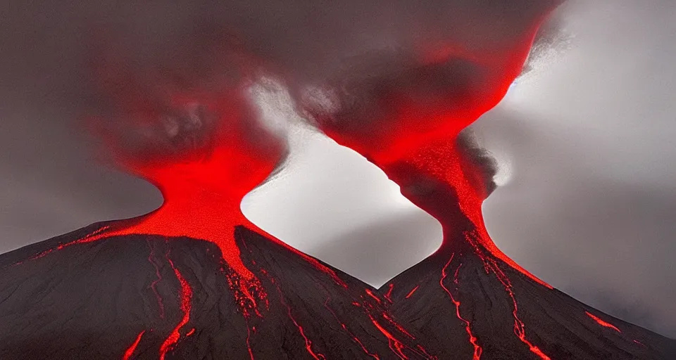 Image similar to a volcano made of ivory vines and crimson rocks enters in eruption, it spits a smoke in the shape of demonic eye, by Gottfried Helnwein