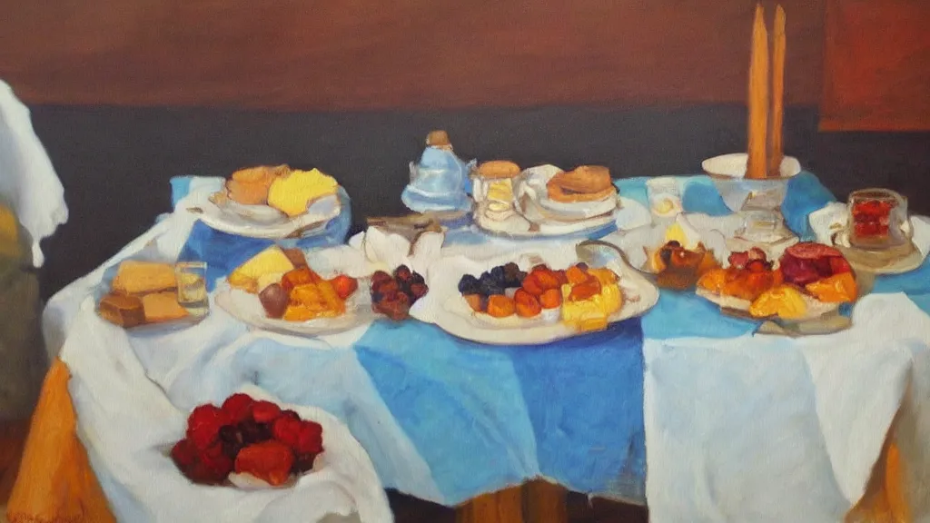 Prompt: table filled with dessert and gods Wayne Thibaud detailed oil painting color block