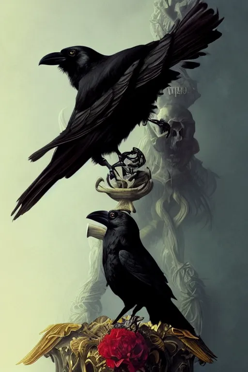 Image similar to painting of a crow sitting on a satanic skull, decorated, intricate, elegant, highly detailed, digital painting, artstation, concept art, smooth, sharp focus, illustration, art by artgerm and greg rutkowski and alphonse mucha, 8 k