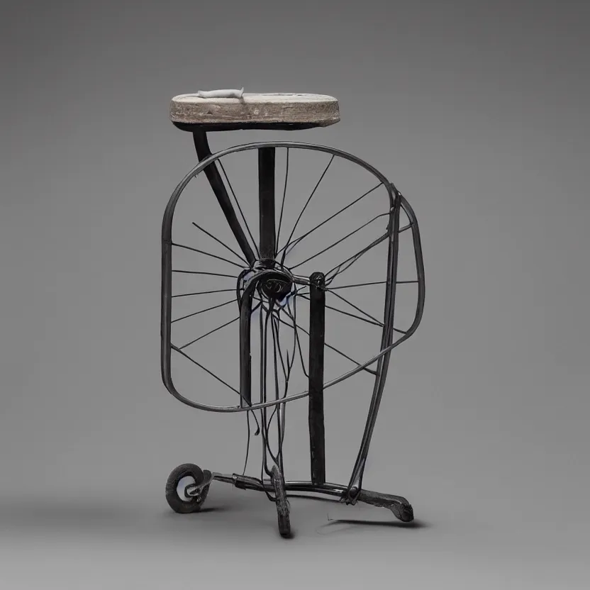 Image similar to an impossible quantum readymade object named Roue de Bicyclette sur tabouret, by Marcel Duchamp on a pedestal, packshot, by Irving Penn and Man Ray, 4k