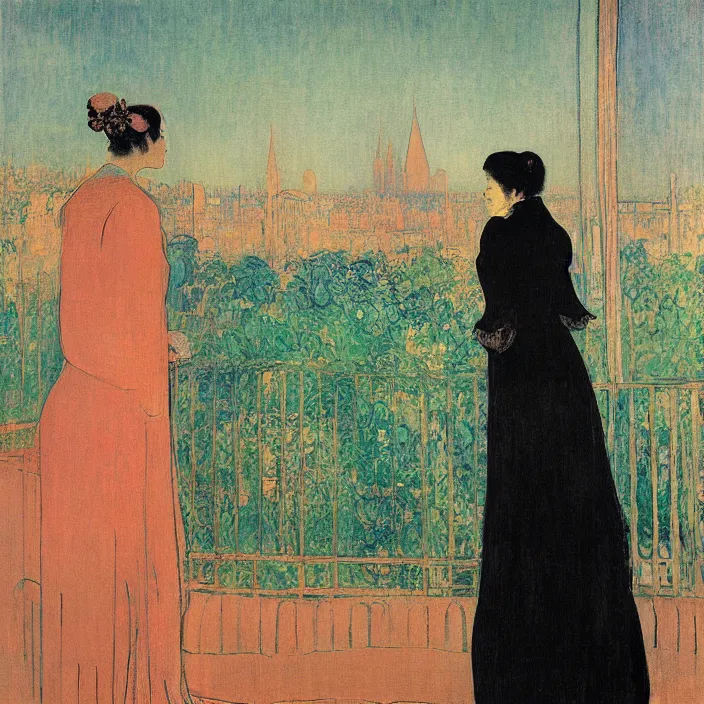 Image similar to portrait of sad woman and persian cat with city with gothic cathedral and tall trees seen from a window frame with curtains. sunset. mikalojus konstantinas ciurlionis, henri de toulouse - lautrec, utamaro, matisse, monet