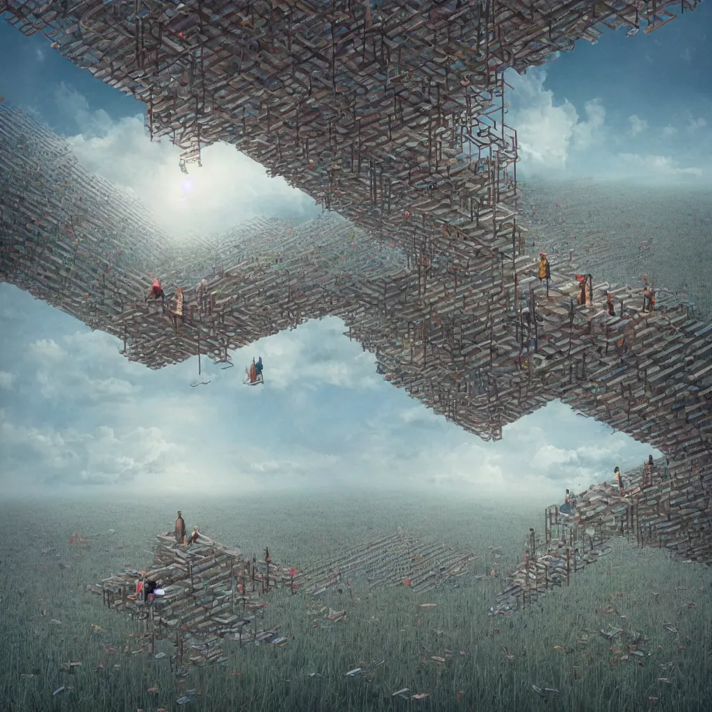 Image similar to wimmelbilder maze made of bridges in the sky, collage with photographs of beautiful android women weaving between the lines, isometric, clouds, octane render, very sharp, beksinski, quint buchholz, charlie bowater, pranckevicius