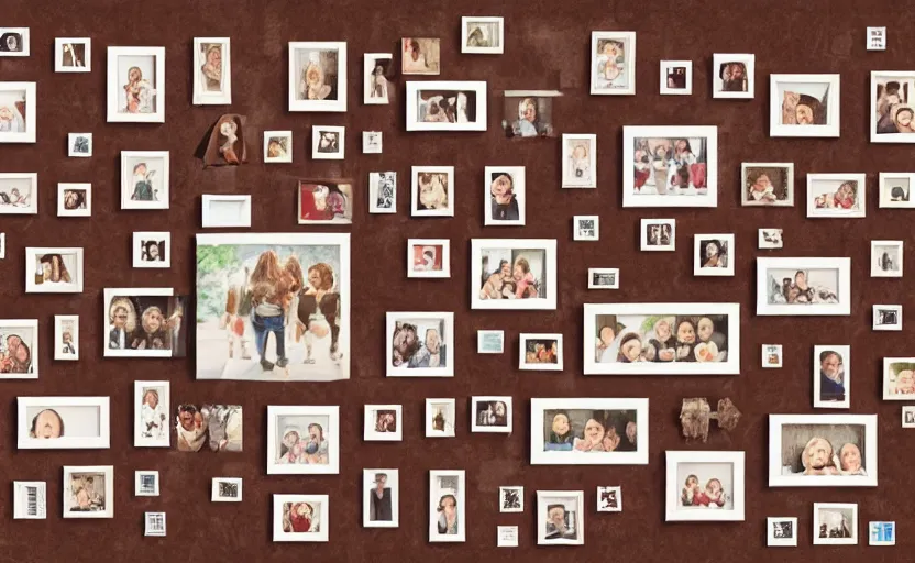 Image similar to story book illustration of a wall with family pictures, brown colors