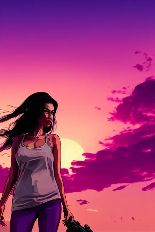 Image similar to a stunning GTA V loading screen with a beautiful woman with ombre purple pink hairstyle, hair blowing in the wind, sunset mood, outrun, vaporware, retro, digital art, trending on artstation