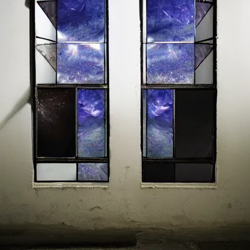 Image similar to dark matter faceted reality breaks into fragments, the mother - of - pearl sky and the black window