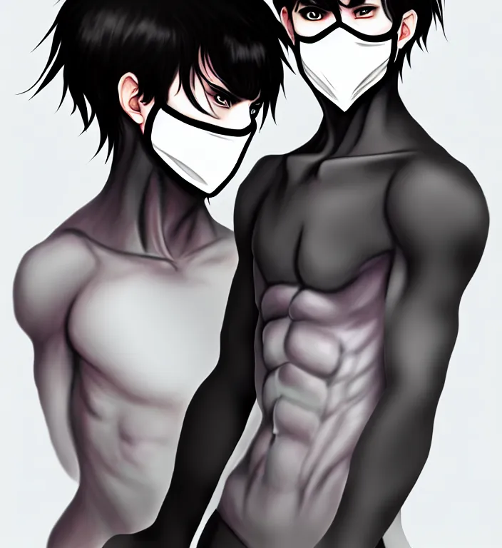 Image similar to white man with black fabric mask, short dark hair, true anatomy!, digital painting, style of akira anime