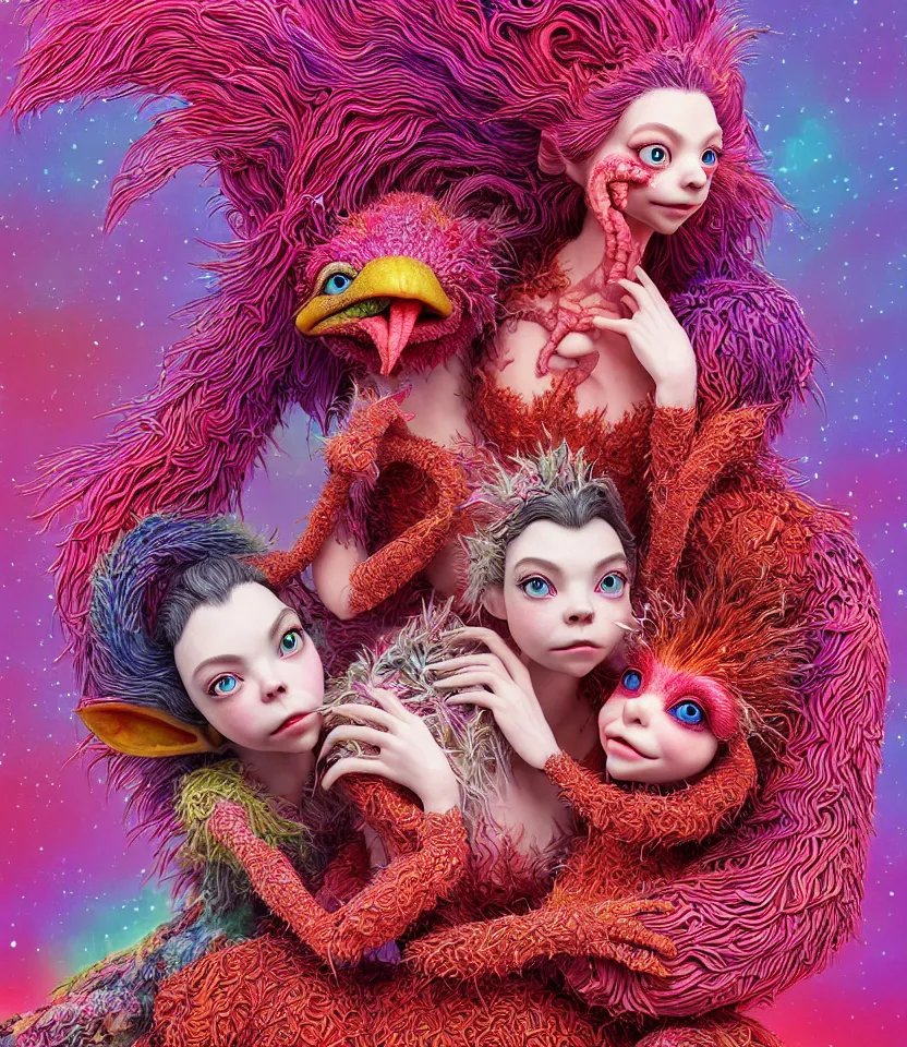 Image similar to hyper detailed 3d render like a Oil painting - kawaii portrait of lovers hugging or kissing Aurora (a beautiful girl skeksis muppet fae princess protective playful expressive acrobatic from dark crystal that looks like Anya Taylor-Joy) seen red carpet photoshoot in UVIVF posing in scaly dress to Eat of the Strangling network of yellowcake aerochrome and milky Fruit and His delicate Hands hold of gossamer polyp blossoms bring iridescent fungal flowers whose spores black the foolish stars by Jacek Yerka, Ilya Kuvshinov, Mariusz Lewandowski, Houdini algorithmic generative render, golen ratio, Abstract brush strokes, Masterpiece, Edward Hopper and James Gilleard, Zdzislaw Beksinski, Mark Ryden, Wolfgang Lettl, hints of Yayoi Kasuma and Dr. Seuss, Grant Wood, octane render, 8k