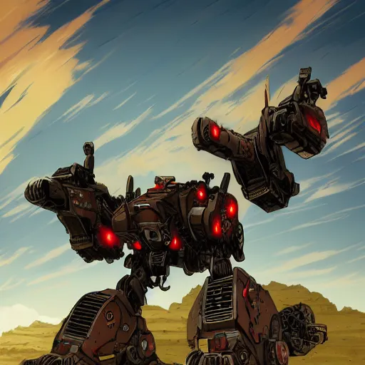 Prompt: anime style battlemech, post-apocalyptic, high-tech, hulking, wide shot, desert background, highly detailed, artstation, concept art, sharp focus, illustration, art by yoshiyuki tomino, red brown and blue color scheme