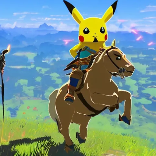 Image similar to a screencap of the legend of zelda breath of the wild, of pikachu in breath of the wild