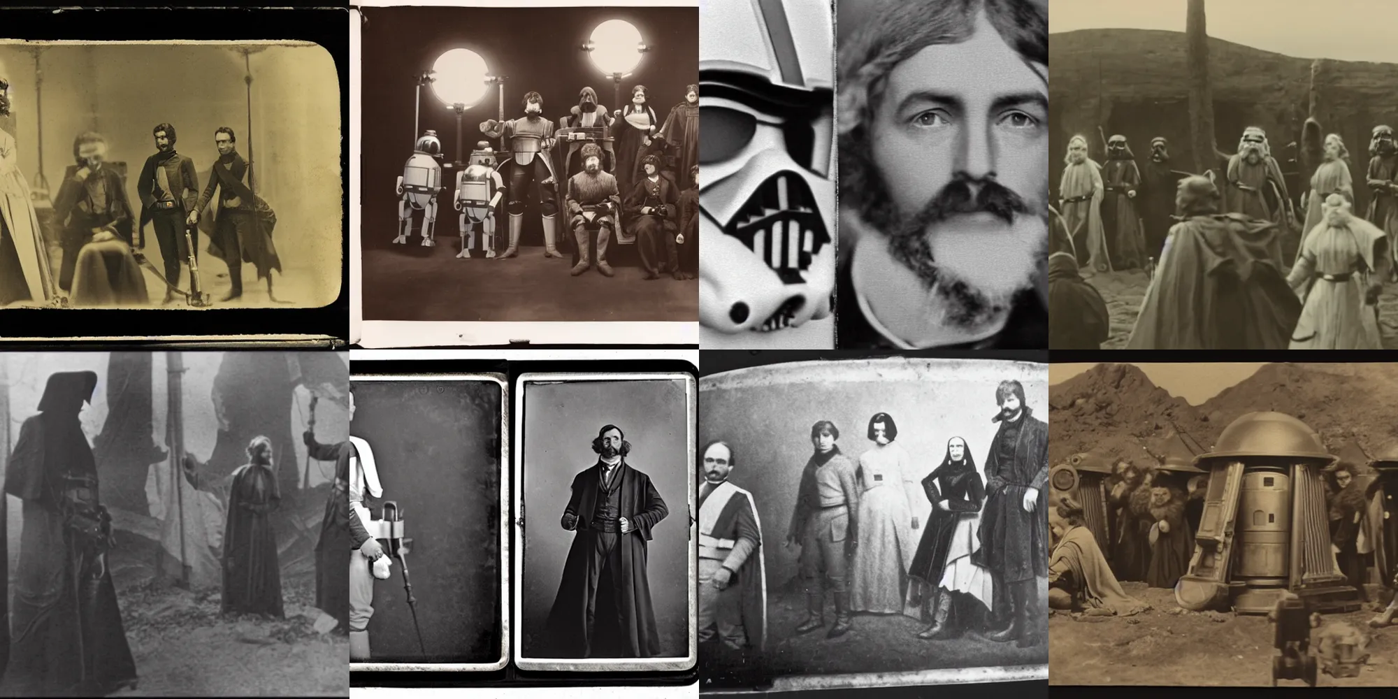 Prompt: daguerreotypes of the 1890 production of Star Wars, archival footage, restored