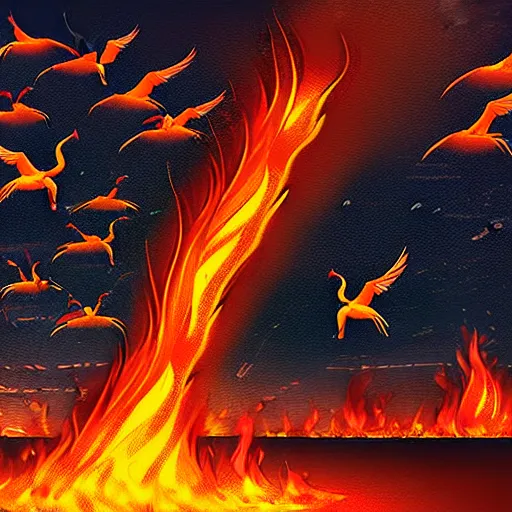 Image similar to in the lower part of the picture is the harp burning in the fire, above are cranes flying in flames, digital painting, concept art