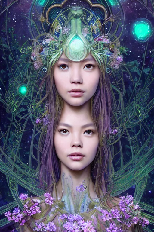 Image similar to portrait of Lalisa Manobal as a Celestial Goddess of a futuristic princess, inside future fighter, sci-fi, fantasy, intricate, lush garden spaceship with sakura season flowers, elegant, human anatomy, royal green and nature light, highly detailed, digital painting, artstation, concept art, smooth, sharp focus, illustration, art by tian zi and WLOP and alphonse mucha